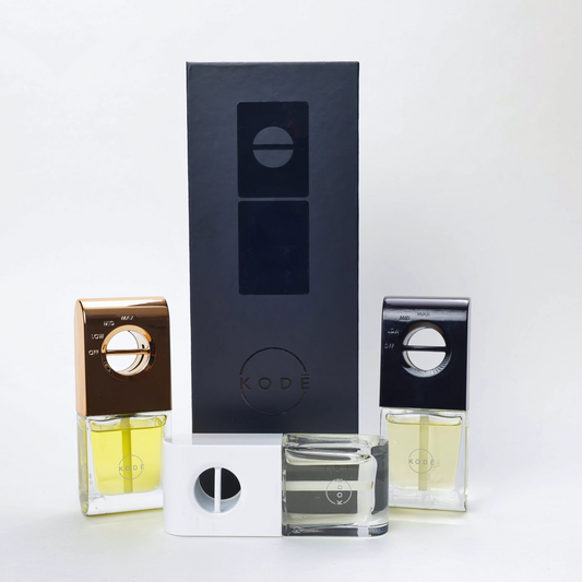 Three Kode perfume bottles with a black box on a white background