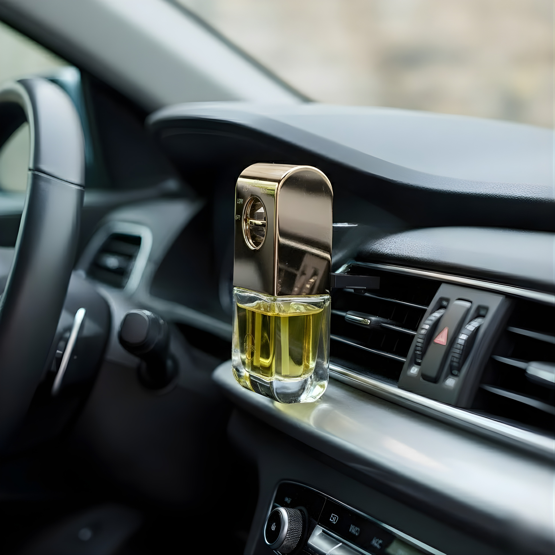 Car air freshener with gold top on a car dashboard