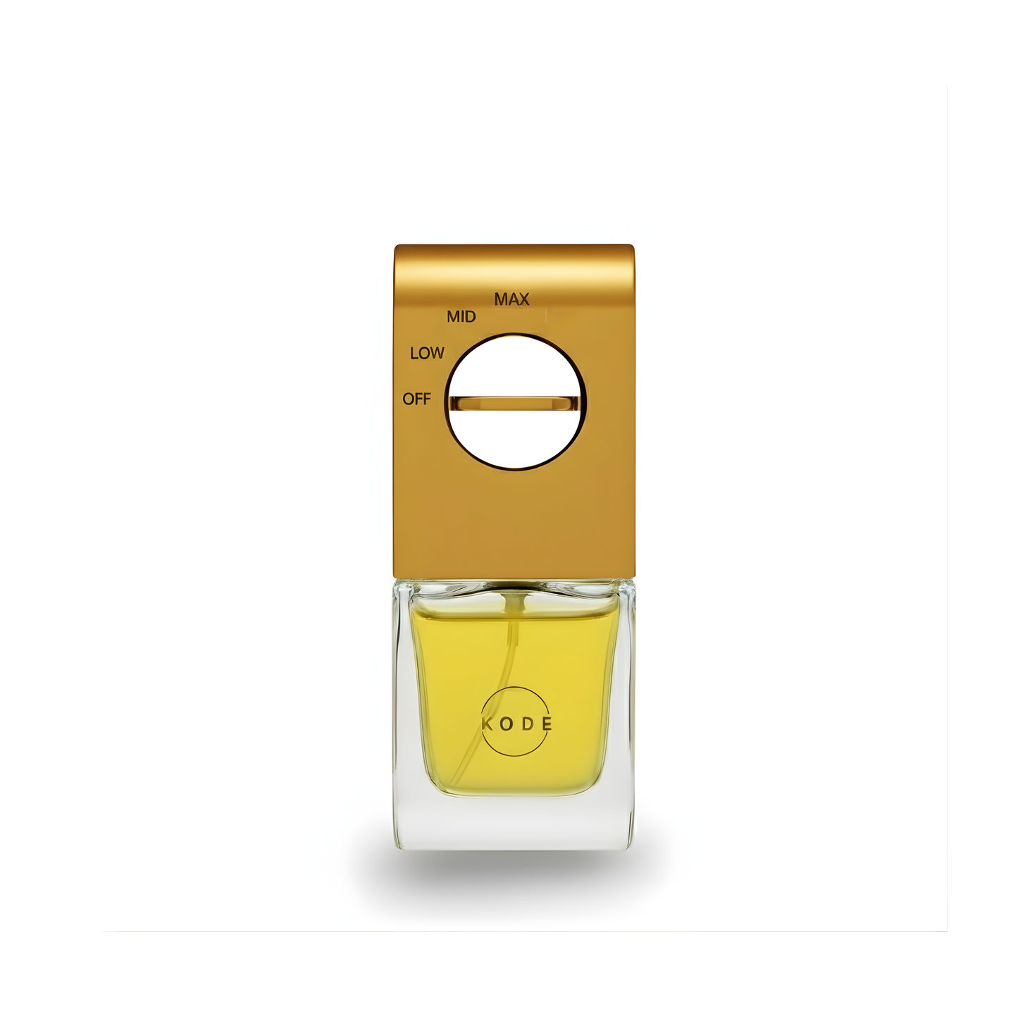 Perfume bottle with gold cap and clear base on a white background